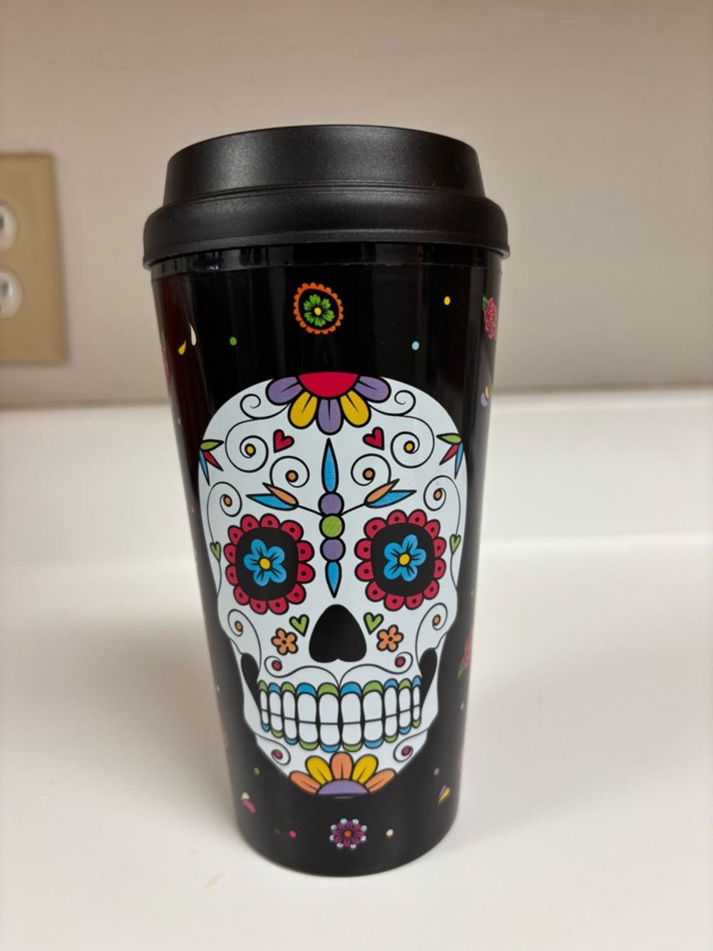 Day of the Dead Sugar Skull Travel Tumbler - Black with Colorful Floral Accents